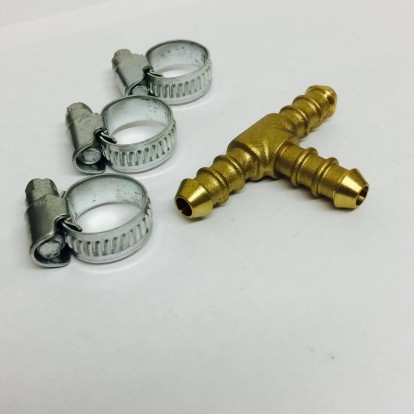 T Piece for 8mm Gas Hose + 3 Jubilee Clips